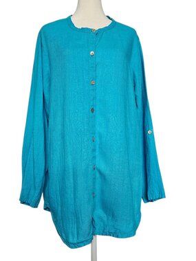 FLAX by Jeanne Engelhart 100% Linen Button Down Top Women S Blue Tunic Lagenlook
